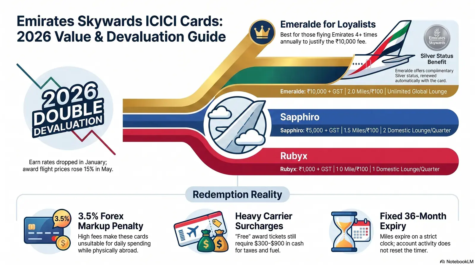 Emirates Skywards ICICI credit card review 2026 — Emeralde, Sapphiro and Rubyx compared for Indian Gulf-route flyers