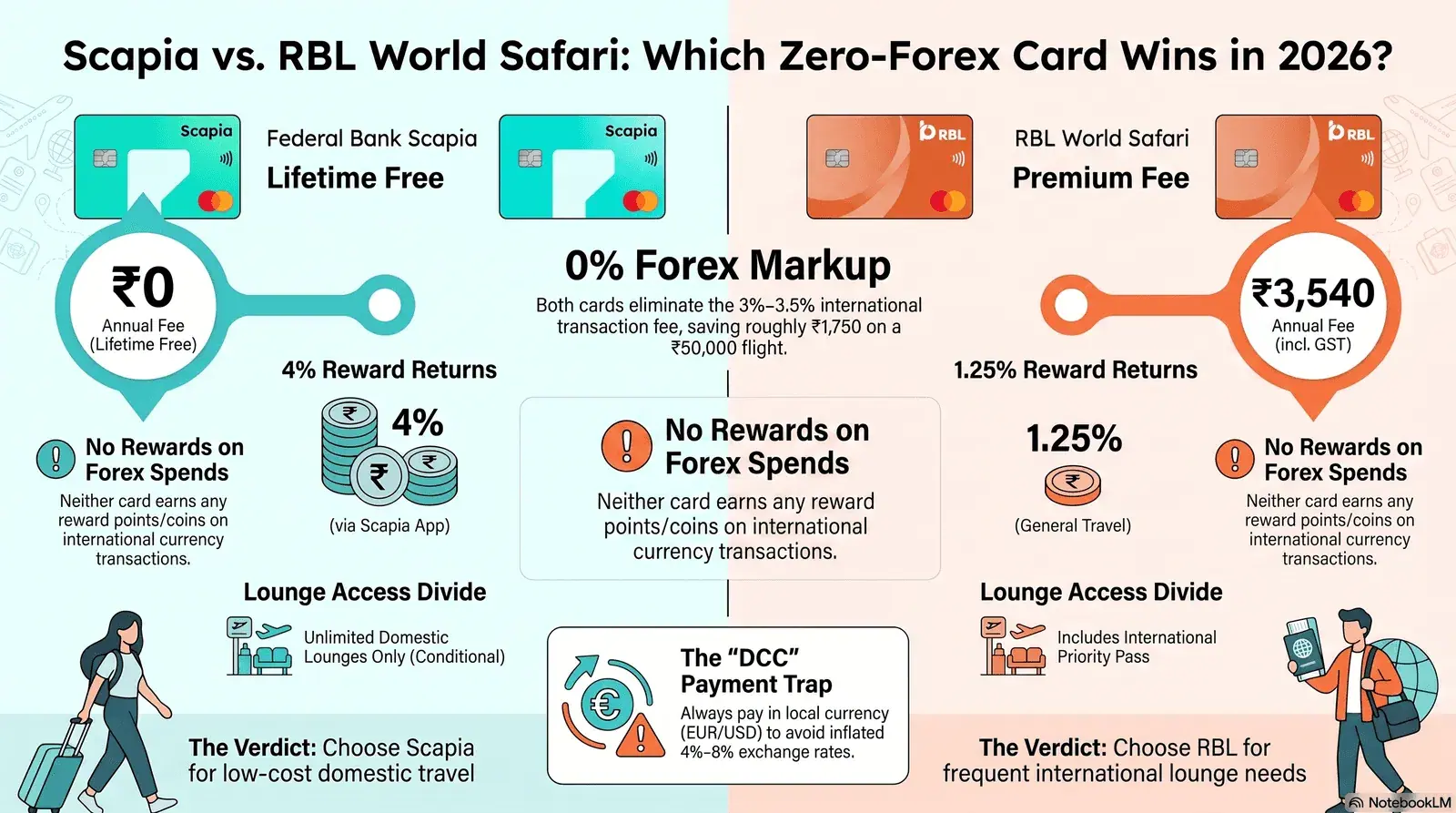 Federal Bank Scapia vs RBL World Safari zero-forex credit card comparison 2026 — fees, lounge access, and flight booking rewards