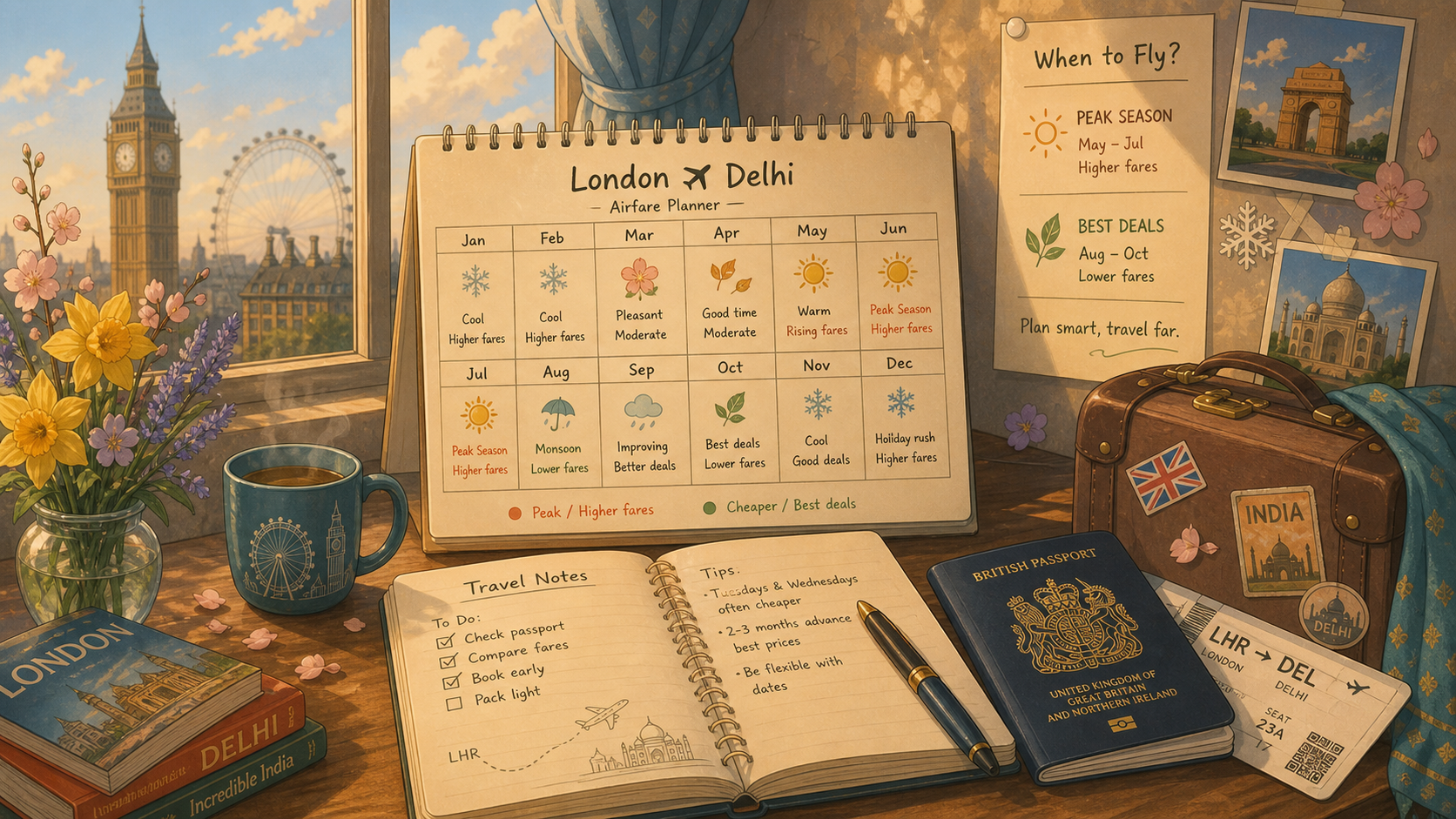 Seasonal calendar cheapest months London to Delhi