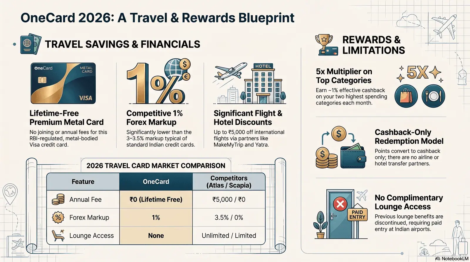 OneCard metal credit card with travel benefits — 5x rewards, 1% forex, MakeMyTrip and Yatra flight discounts 2026