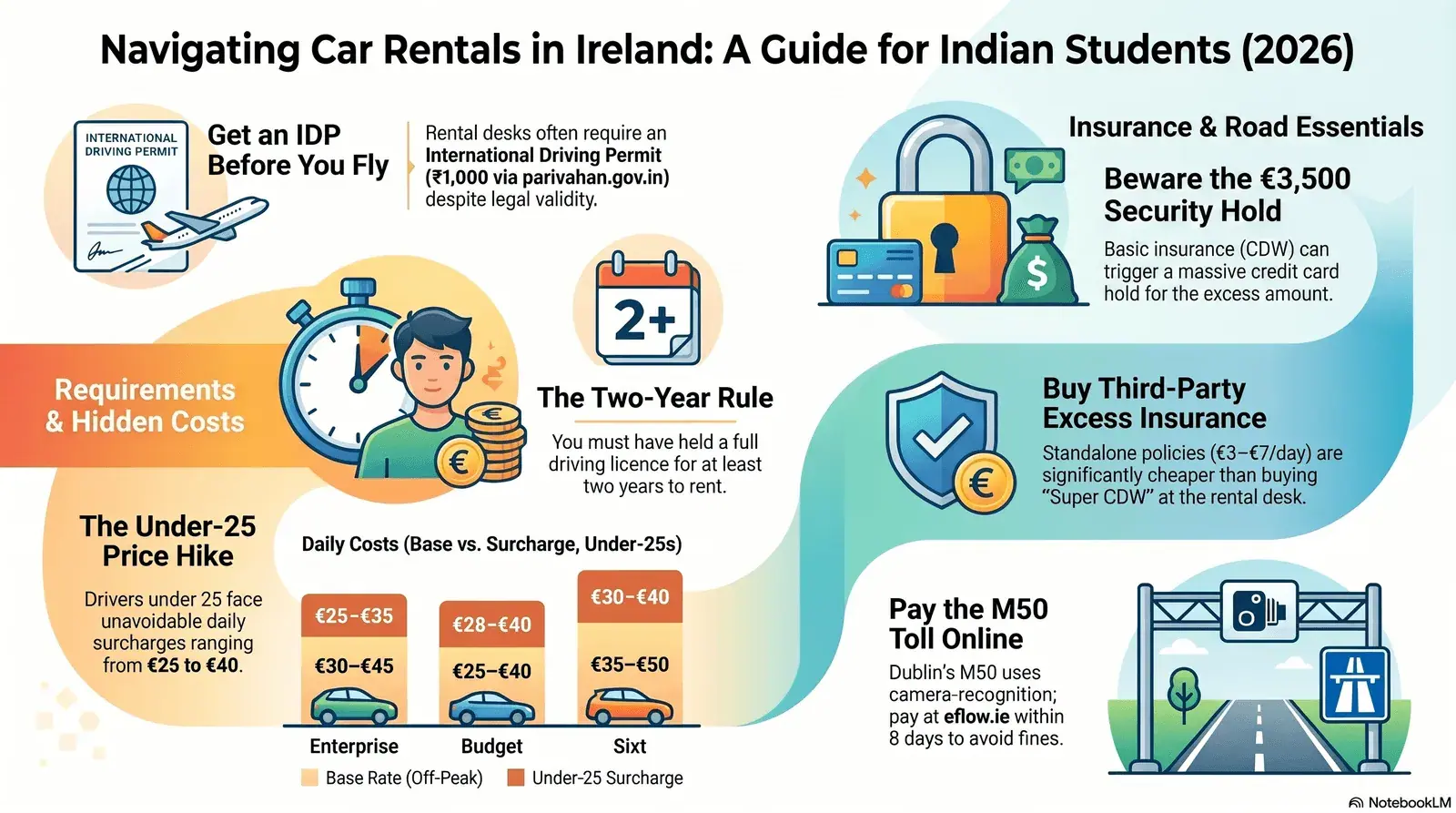 Indian student picking up rental car keys at a Dublin airport car hire desk — guide to driving licences, IDP, age surcharges and insurance in Ireland 2026