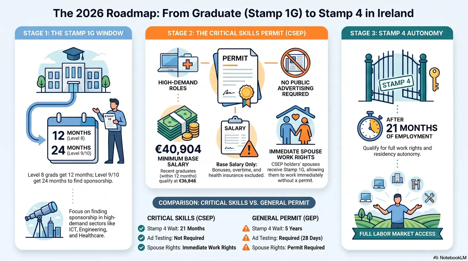 Step-by-step roadmap from Stamp 1G to Critical Skills Employment Permit and Stamp 4 in Ireland 2026