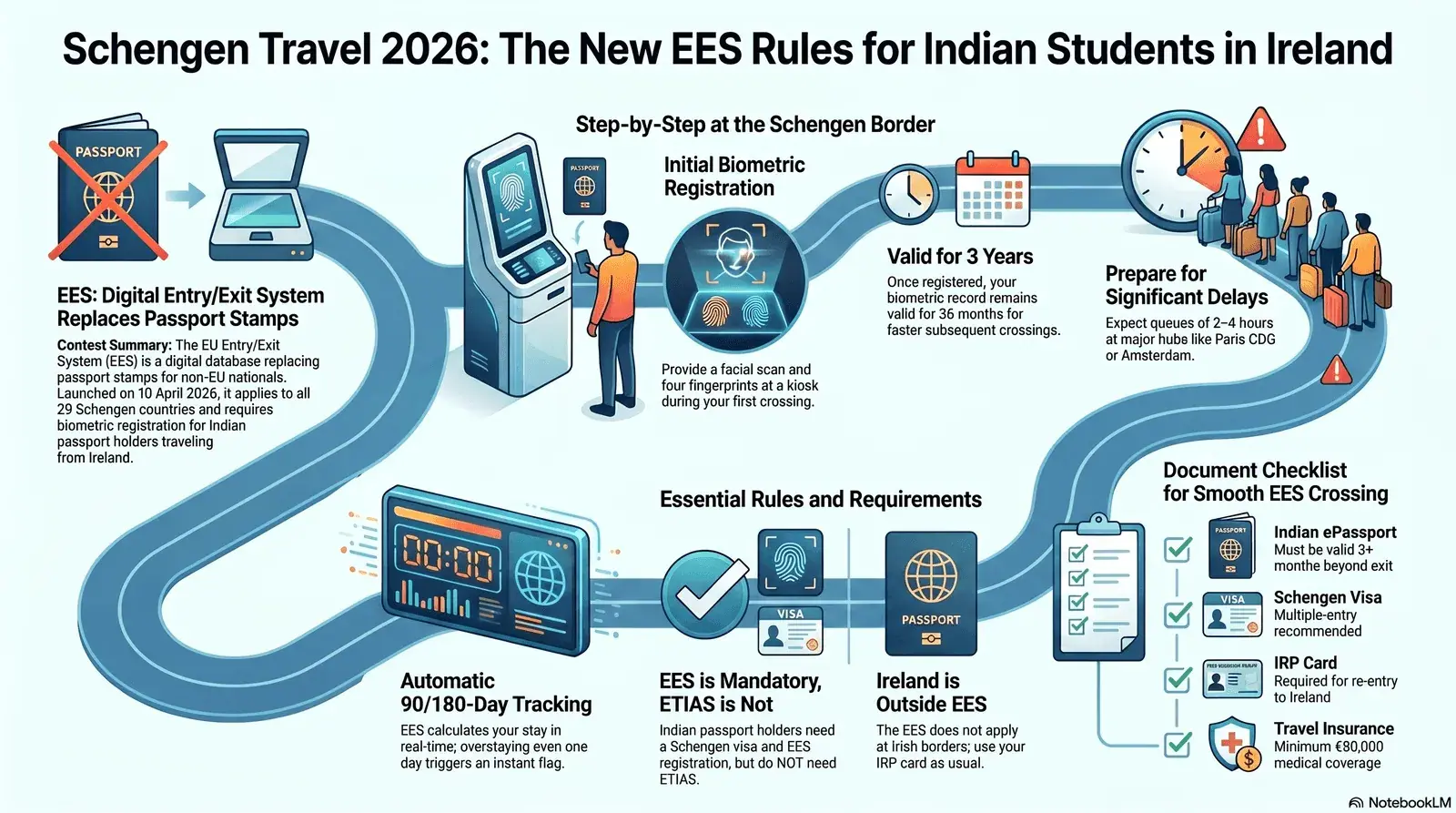 Indian student at a Schengen border kiosk using the EU Entry Exit System EES biometric scanner in 2026