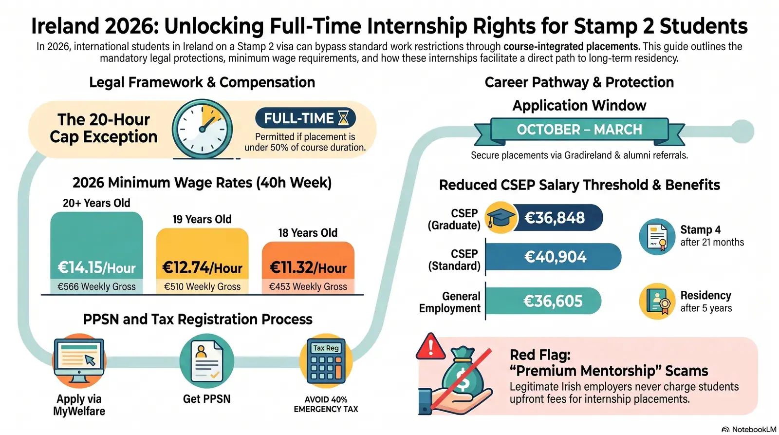 International student reviewing internship contract in Ireland — Stamp 2 visa work placement rights and 2026 rules