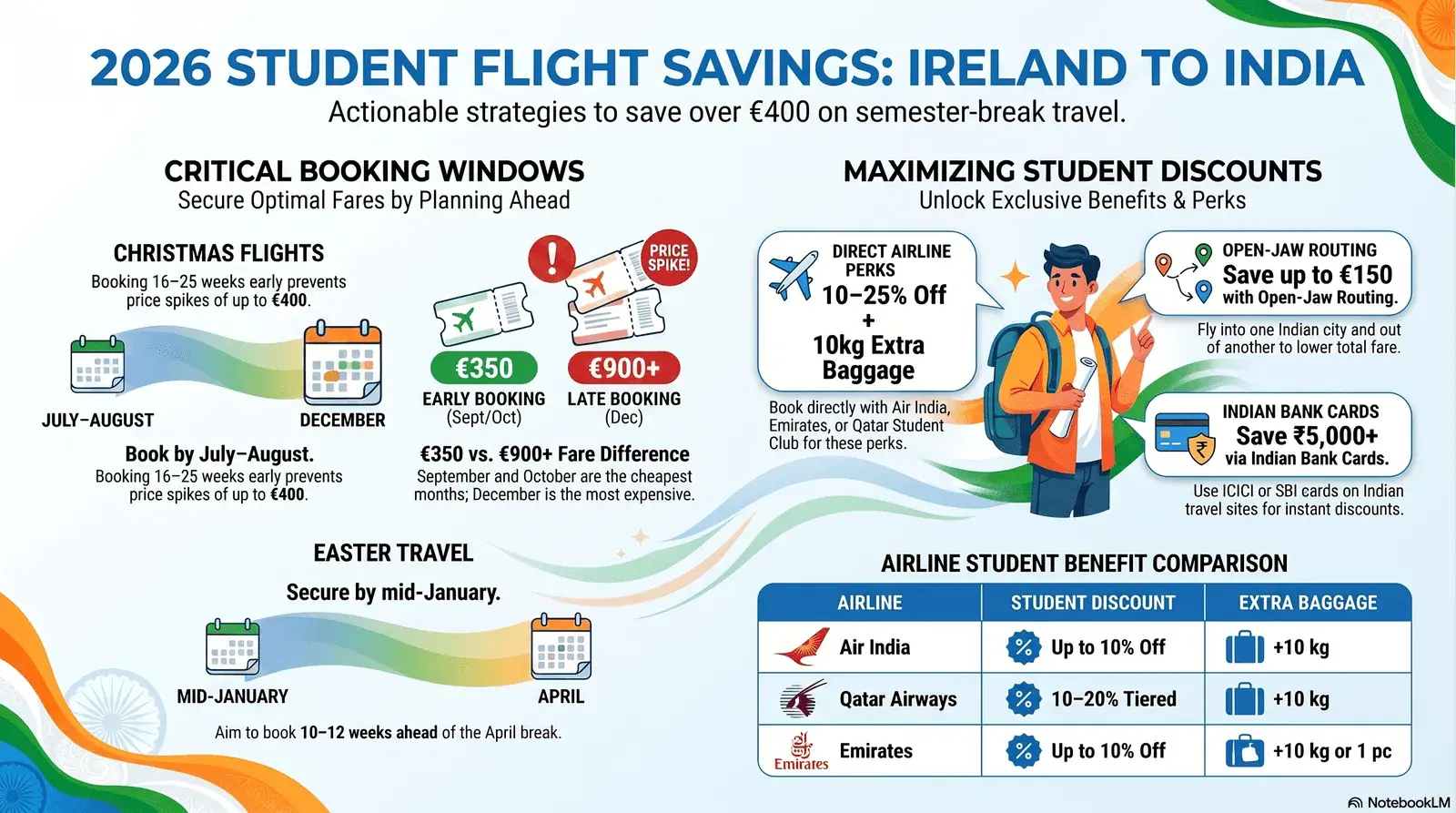 Indian student at Dublin Airport checking flight departure board for semester-break travel to India 2026