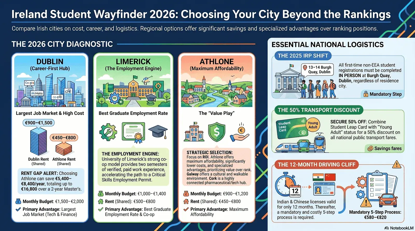 Ireland Strategic Student Wayfinder Hero Image - Dublin, Galway, Limerick, Athlone, Cork student city guide 2026