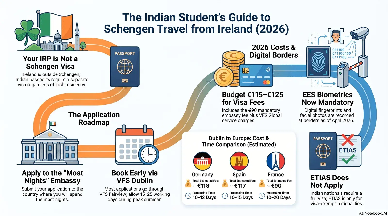 Indian student at Dublin Airport with Schengen visa documents and EES biometric guide for Europe travel 2026