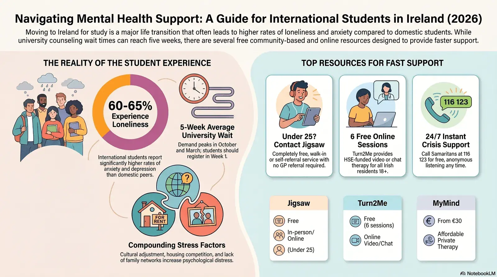 Mental health support for international students in Ireland 2026 — free and low-cost counselling, Jigsaw, Turn2Me, university services and crisis helplines