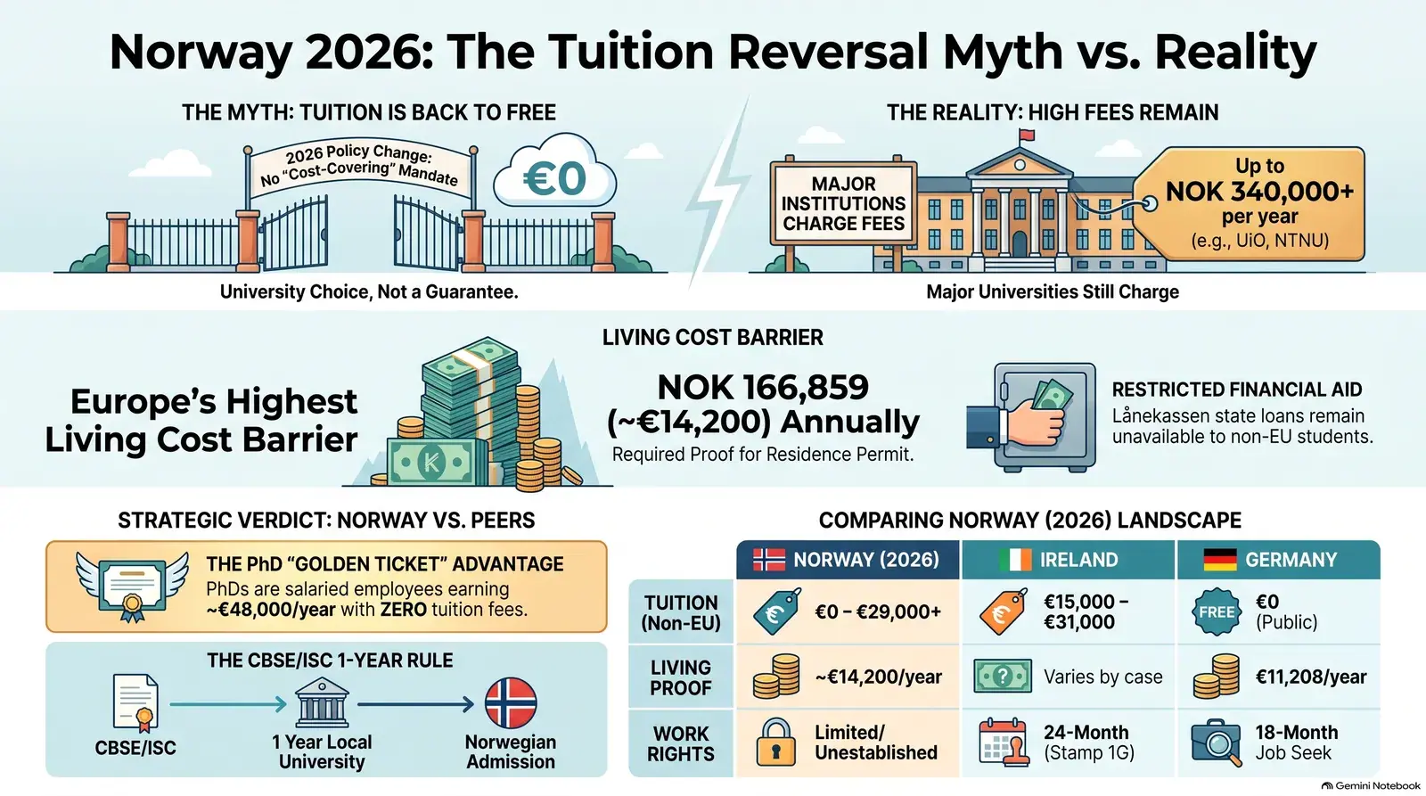 Norway 2026 tuition fee reversal guide for Indian and non-EU students comparing UiO NTNU UiB costs and Norway vs Ireland