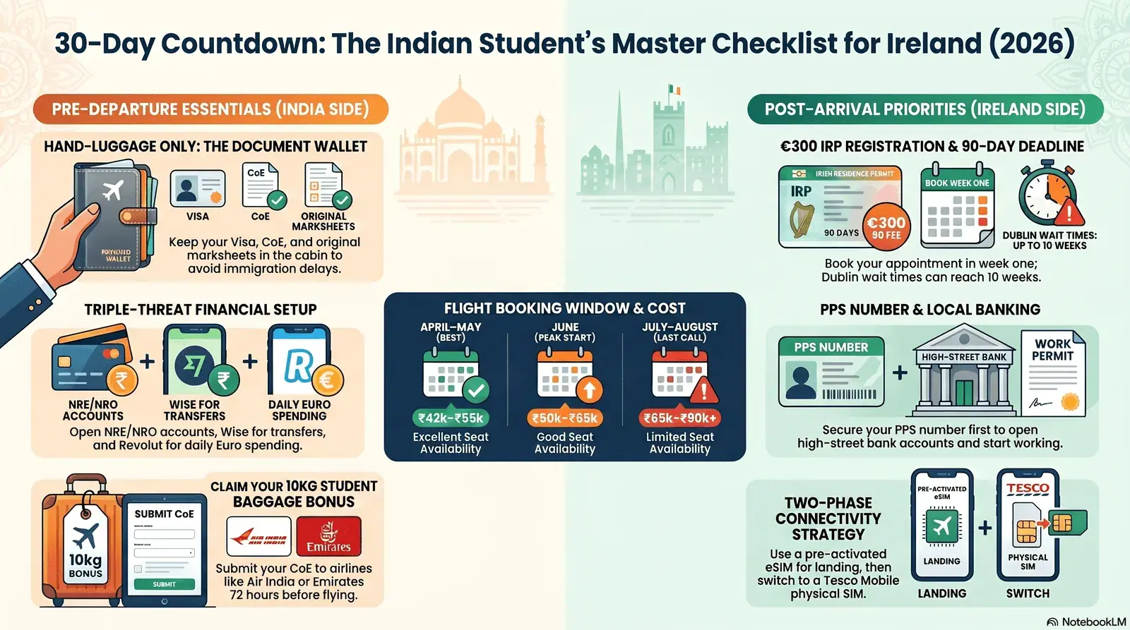 Indian student packing documents and luggage for flight to Ireland with 30-day countdown checklist