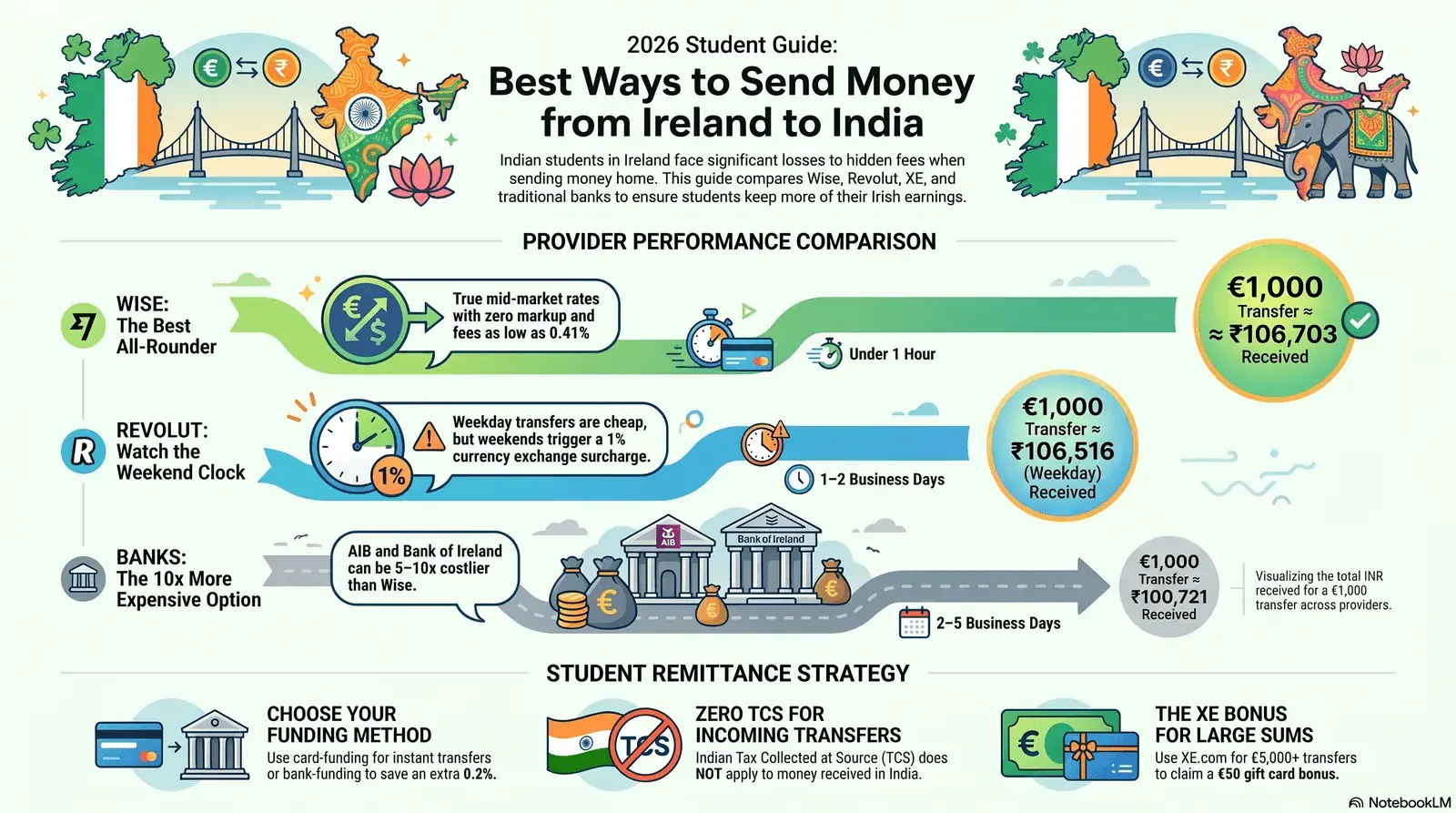 Comparison of Wise, Revolut, XE and bank wire for sending money from Ireland to India in 2026