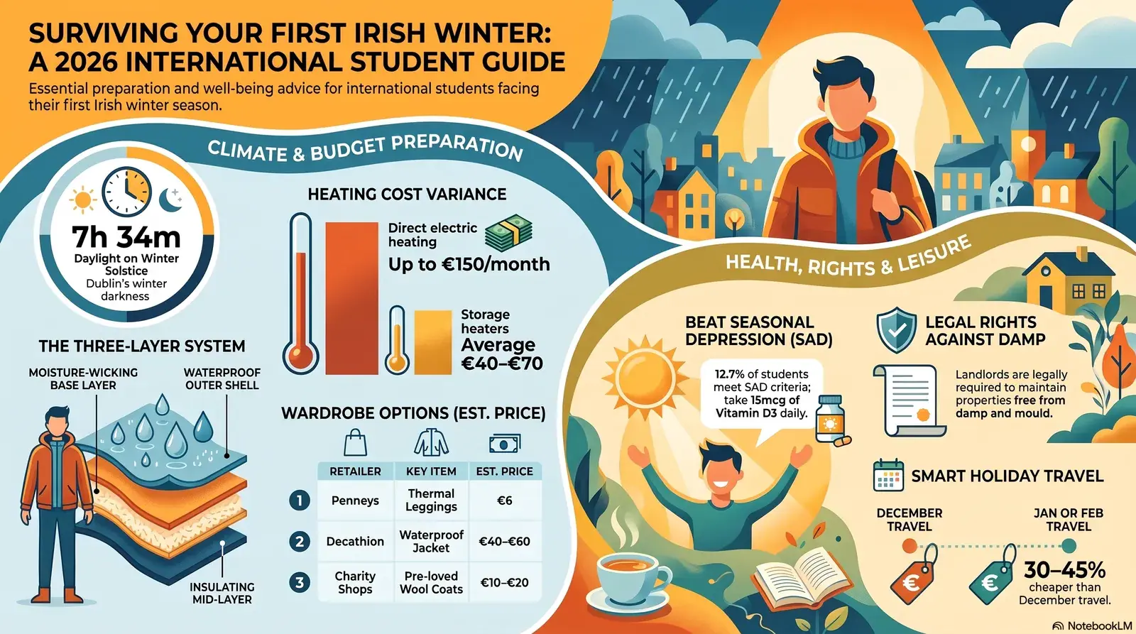 International student navigating Irish winter in Dublin — clothing, heating bills, SAD, damp rights and Christmas flight tips
