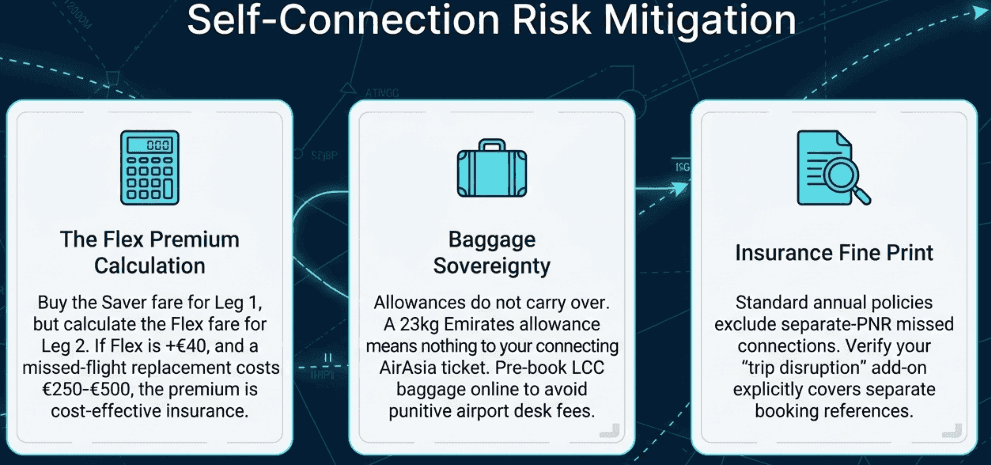 Self Flight Connection risk mitigaiton: flexible fares on the second leg and checking insurance coverage for missed connections on separate tickets are key strategies to manage the risk of self-transfers