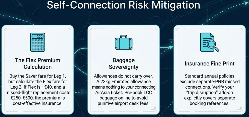 Self Flight Connection risk mitigaiton: flexible fares on the second leg and checking insurance coverage for missed connections on separate tickets are key strategies to manage the risk of self-transfers