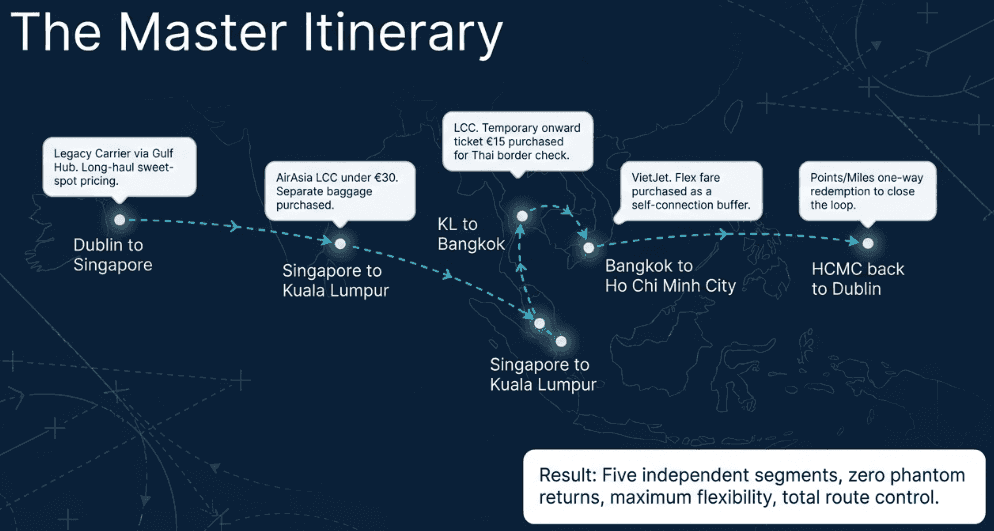 Master Itinerary of a multi-city trip built from sequential low cost one-ways