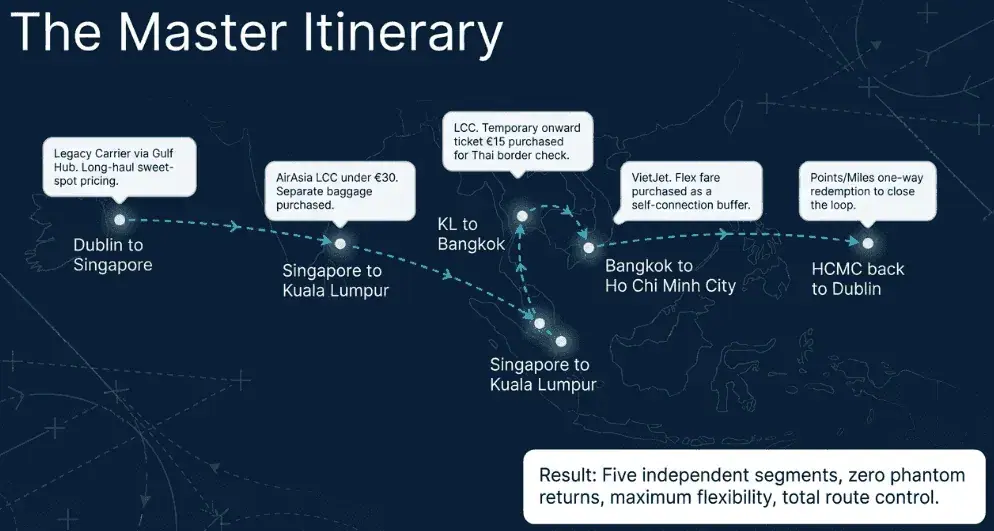 Master Itinerary of a multi-city trip built from sequential low cost one-ways