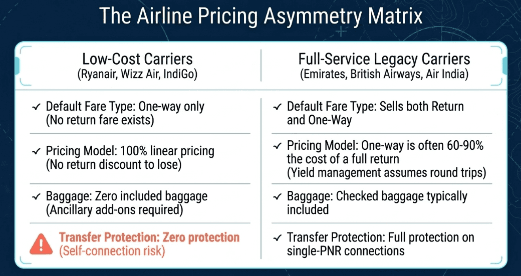 Airline pricing asymmetry: one-way fares can be 60–90% of return fares on full-service carriers, but this varies by route and demand