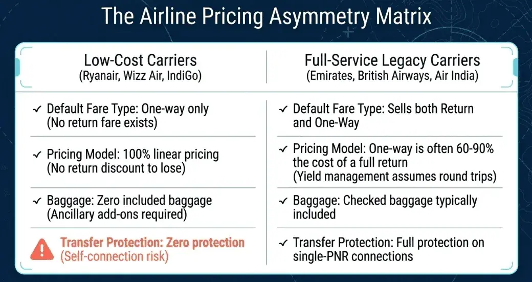 Airline pricing asymmetry: one-way fares can be 60–90% of return fares on full-service carriers, but this varies by route and demand