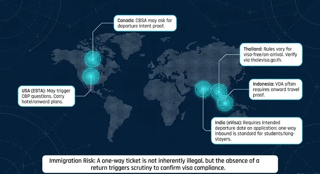 Understand immigrations and VISA risks with one-way tickets: some countries require proof of onward travel at the border, but this is not universal and can be managed with the right preparation