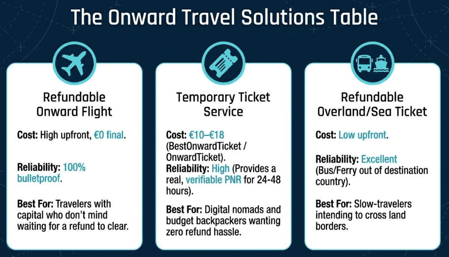 Understanding onward flight travel requirements: options include refundable onward tickets, temporary onward ticket services, or refundable land/sea departures
