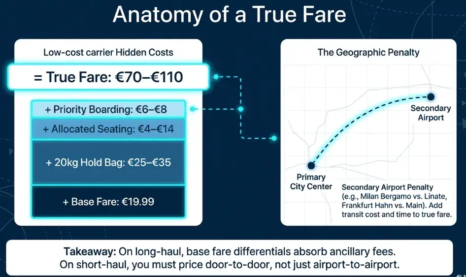 Anatomy of a low-cost carrier fare: the headline price can be less than half of the total cost once ancillary fees and airport transfer costs are included