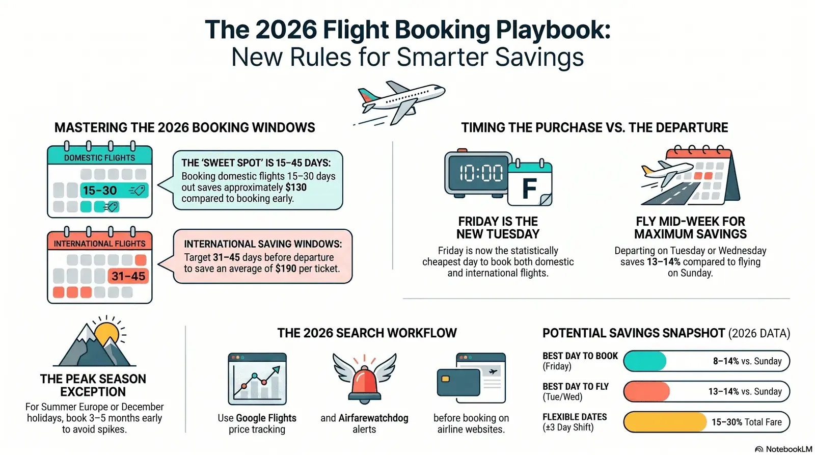 Flight booking calendar showing optimal booking windows and price trends for domestic and international routes in 2026