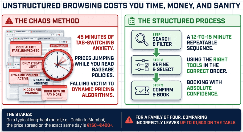 Why unstructured browsing leads to confusion when comparing fares across multiple airlines. Costs you time, money, and peace of mind.