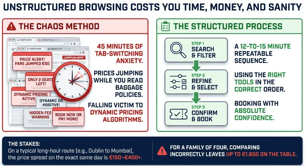 Why unstructured browsing leads to confusion when comparing fares across multiple airlines. Costs you time, money, and peace of mind.