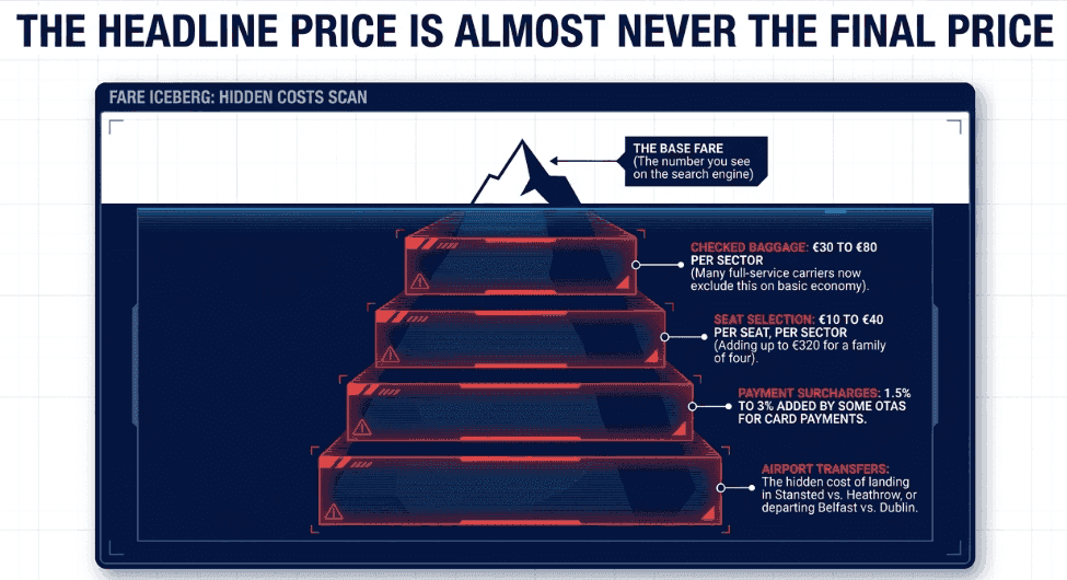 Why the cheapest fare is not always the best fare when comparing multiple airlines. Consider baggage, seat selection, payment fees, layover time, and airport transfer costs.