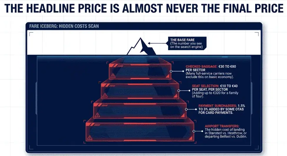 Why the cheapest fare is not always the best fare when comparing multiple airlines. Consider baggage, seat selection, payment fees, layover time, and airport transfer costs.