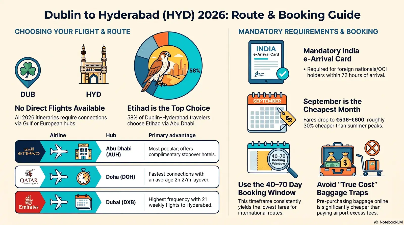 Dublin Airport departure board showing connecting flights to Hyderabad HYD via Abu Dhabi, Doha and Dubai 2026 route guide