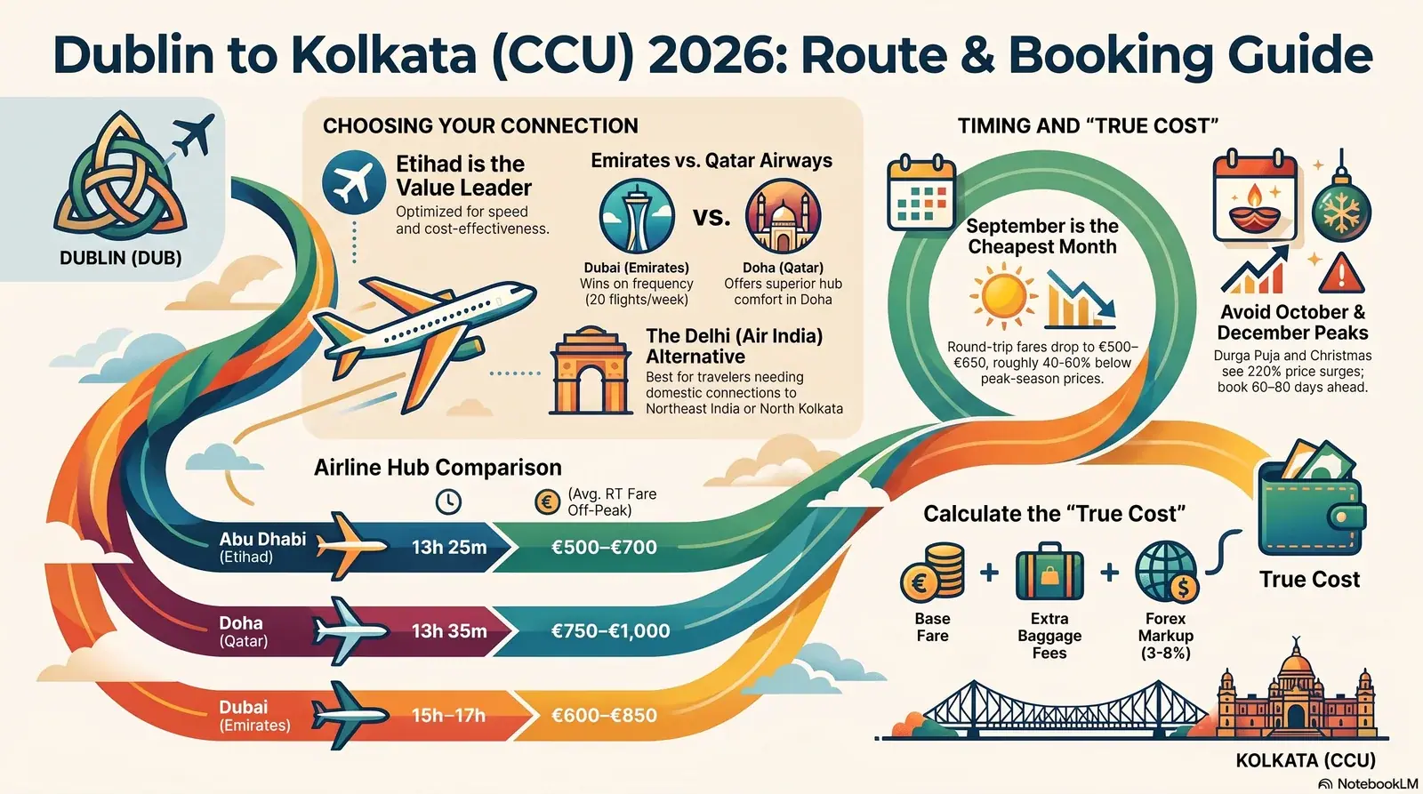 Infographic comparing Dublin to Kolkata (CCU) flight routes via Dubai, Doha, Abu Dhabi and Delhi for 2026