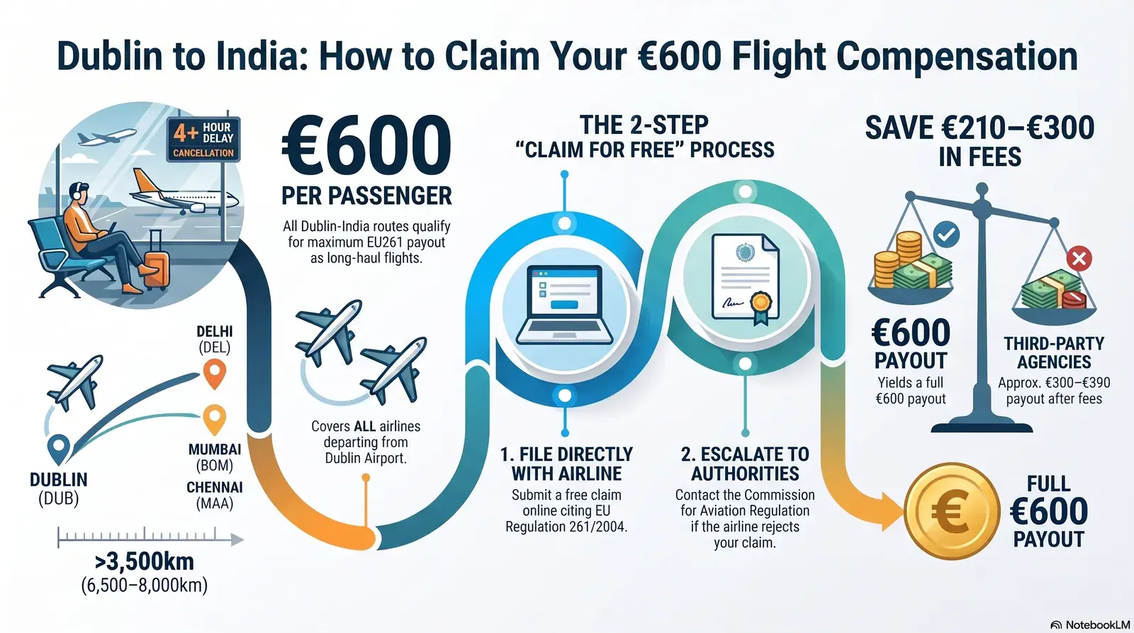 Passenger checking EU261 flight delay compensation rights at Dublin Airport — guide to claiming €250–€600