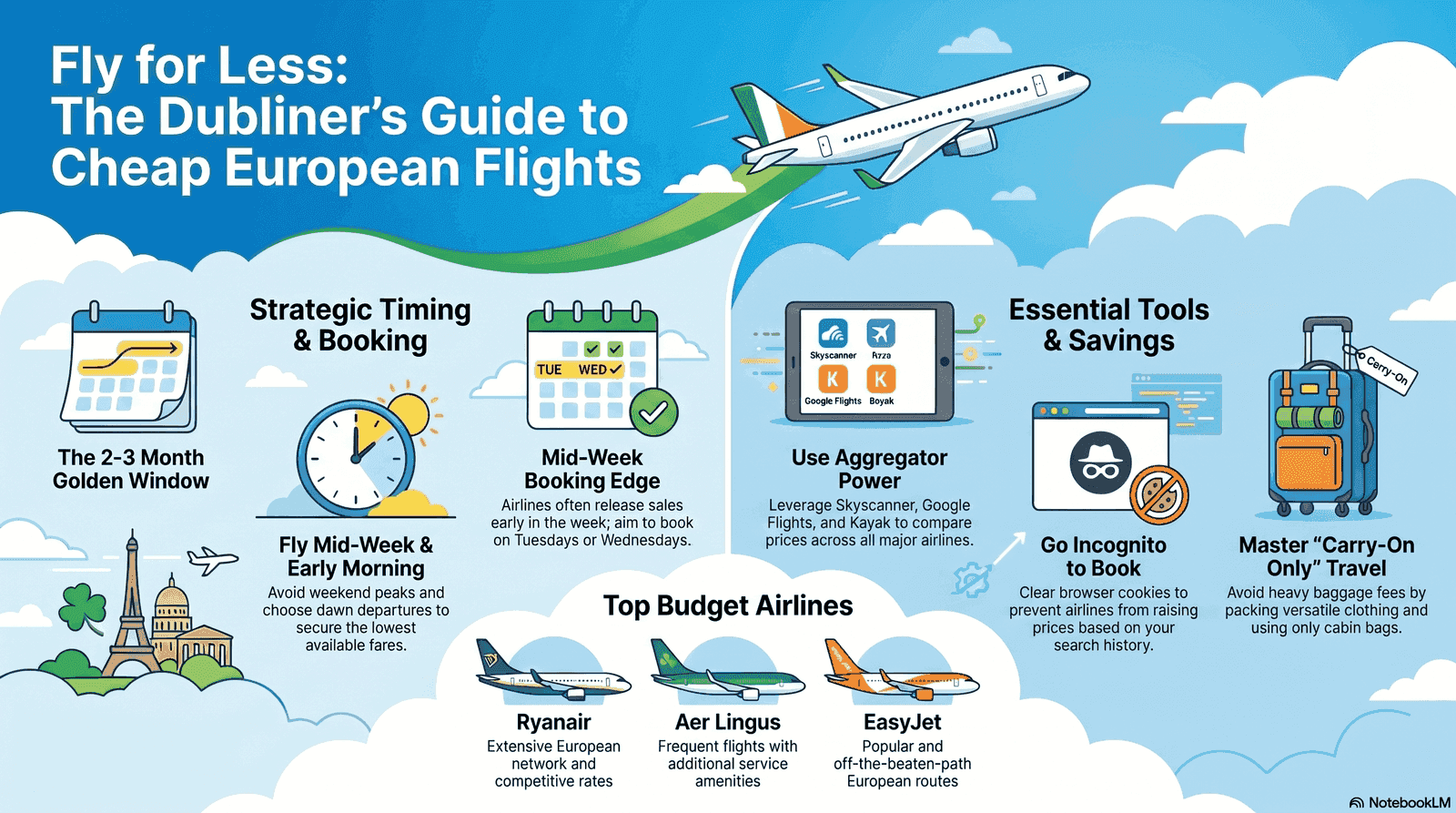 Infographic showing tips for booking cheap European flights from Dublin