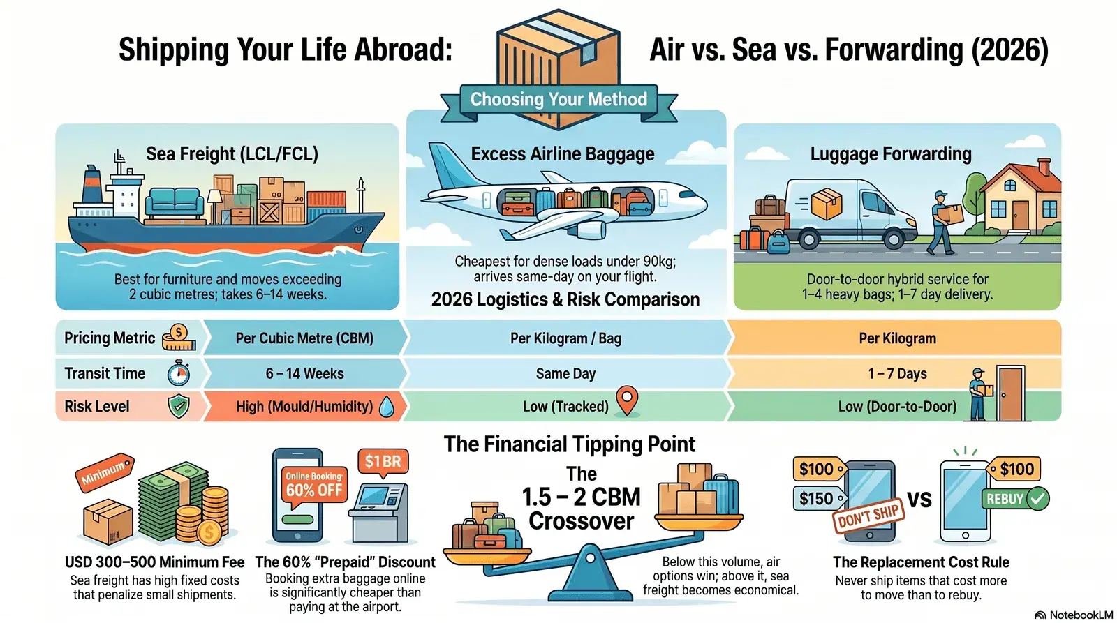 Comparison of sea freight, airline excess baggage and luggage forwarding for moving abroad in 2026