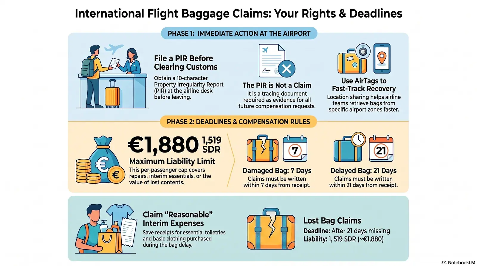 Montreal Convention baggage compensation guide 2026 — lost, delayed and damaged baggage rights on international flights