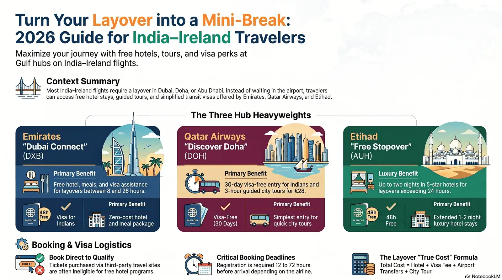 Aerial view of Dubai, Doha and Abu Dhabi skylines — Middle East layover guide for India–Ireland travelers 2026