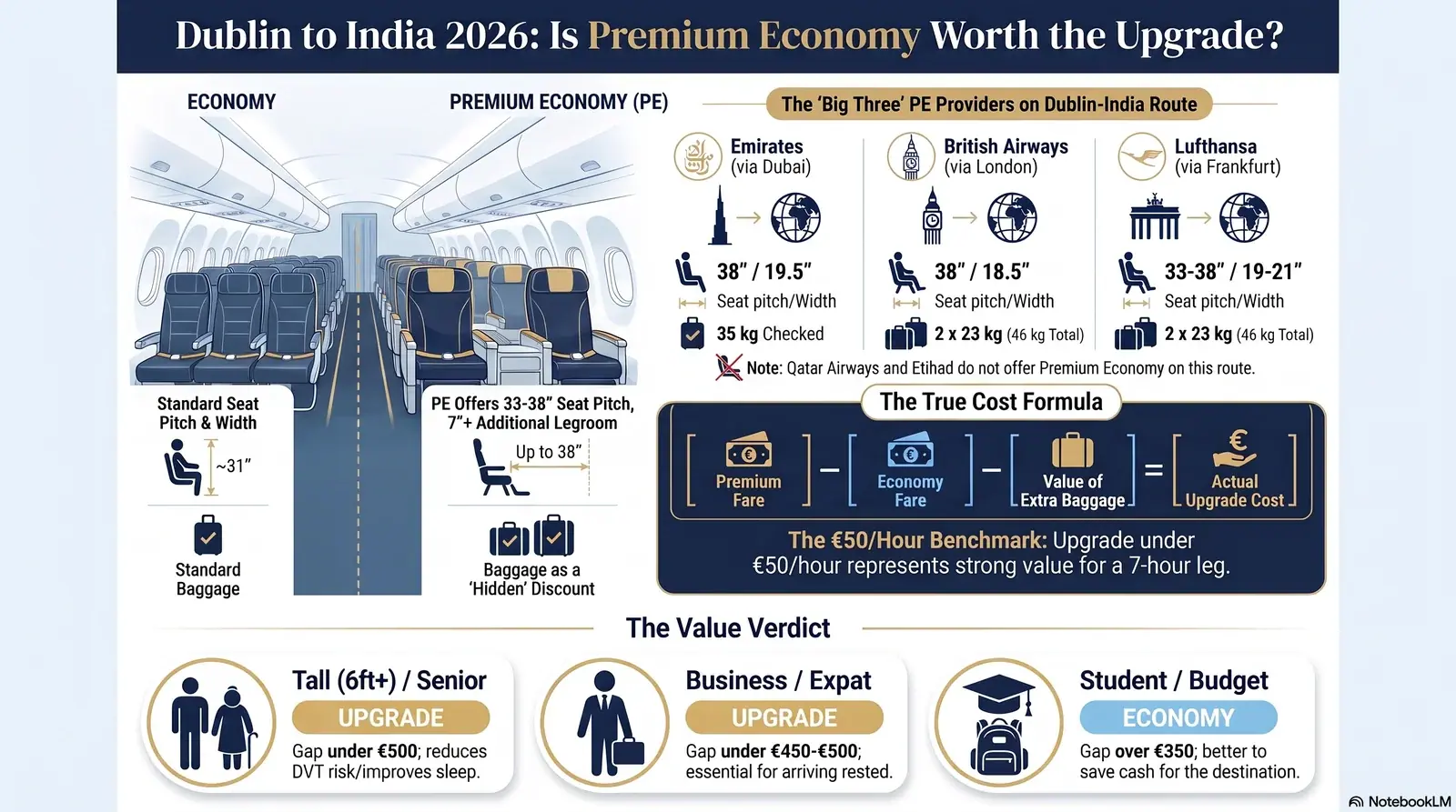 Premium economy vs economy cabin comparison on Ireland-India long-haul routes 2026