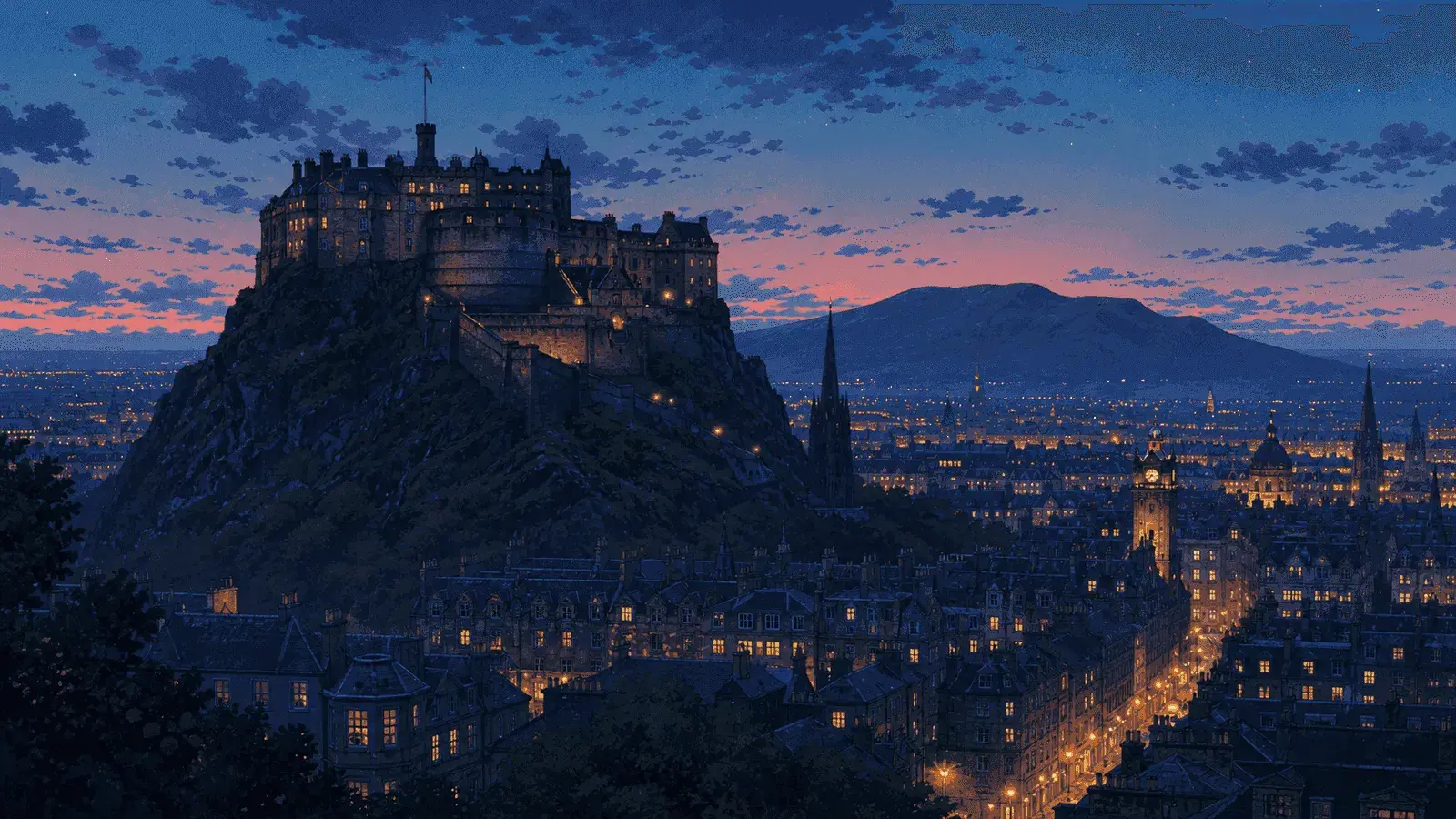 Edinburgh Castle at dusk perched on volcanic rock with the city lights below and Arthur's Seat in the background