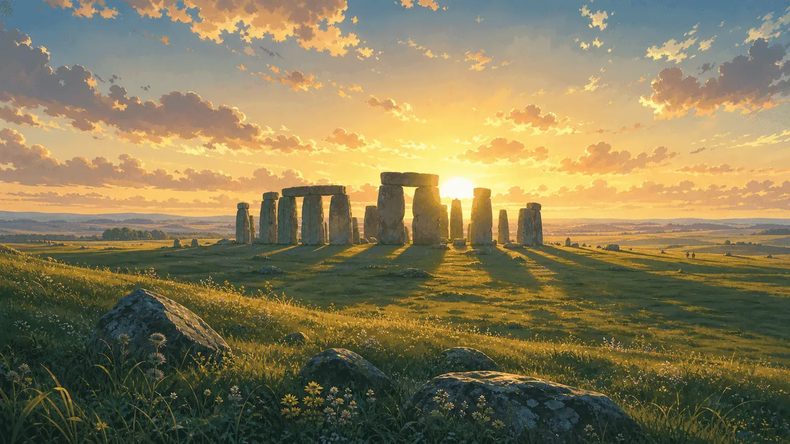 Stonehenge at sunrise with golden light across the ancient stones and wide Salisbury Plain
