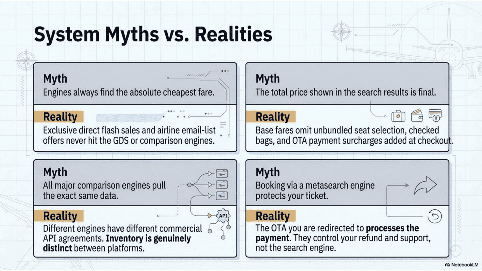 Common misconceptions about flight comparison engines: they always show the cheapest fare, the total price is final, all engines pull from the same data, and booking through them gives the same protections as direct