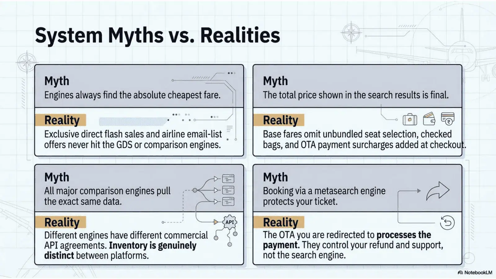 Common misconceptions about flight comparison engines: they always show the cheapest fare, the total price is final, all engines pull from the same data, and booking through them gives the same protections as direct