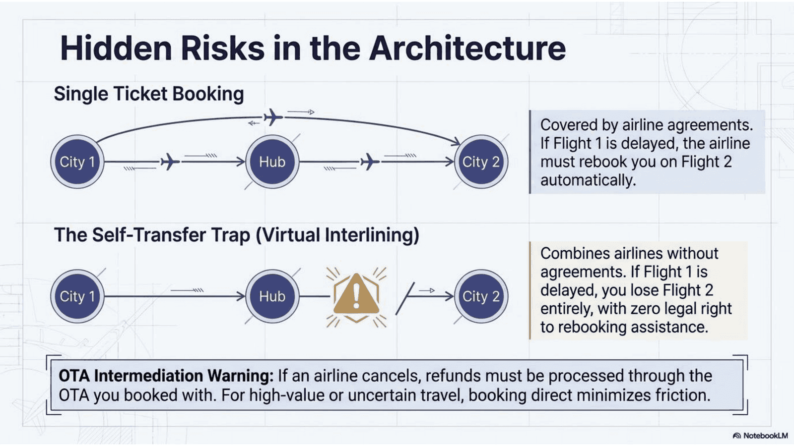 Hidden risks in self-transfer bookings created by some comparison engines: no interline agreement, no rebooking assistance, and no consumer protections in case of disruption
