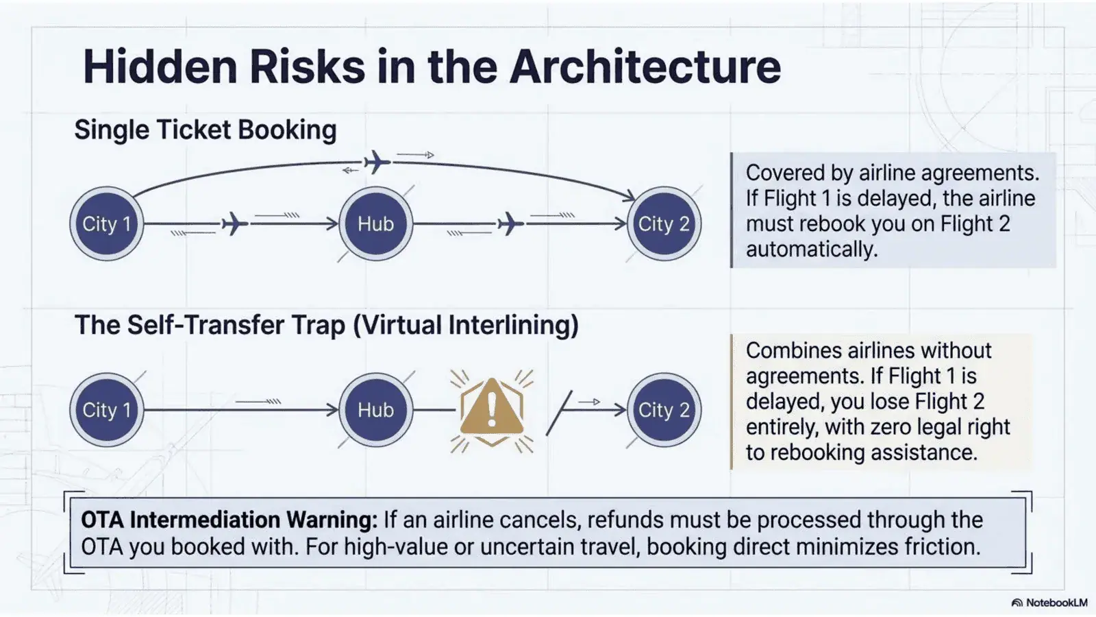 Hidden risks in self-transfer bookings created by some comparison engines: no interline agreement, no rebooking assistance, and no consumer protections in case of disruption