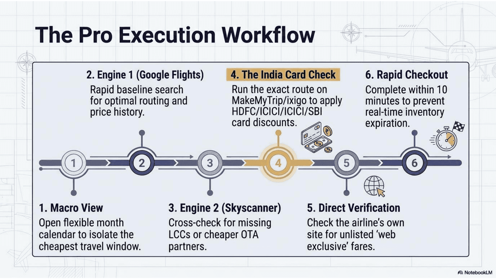A Pro Flight booking workflow using fare comparison engines: start with flexible date search, use Google Flights for initial research, cross-check with Skyscanner, add MakeMyTrip for India-specific card deals, check airline direct, read fare conditions, complete checkout promptly, and save confirmation documents