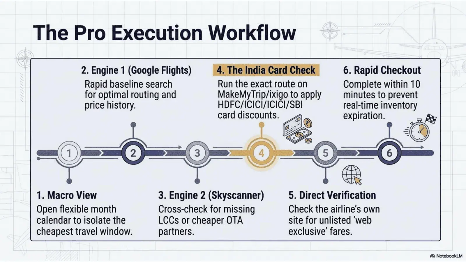 A Pro Flight booking workflow using fare comparison engines: start with flexible date search, use Google Flights for initial research, cross-check with Skyscanner, add MakeMyTrip for India-specific card deals, check airline direct, read fare conditions, complete checkout promptly, and save confirmation documents
