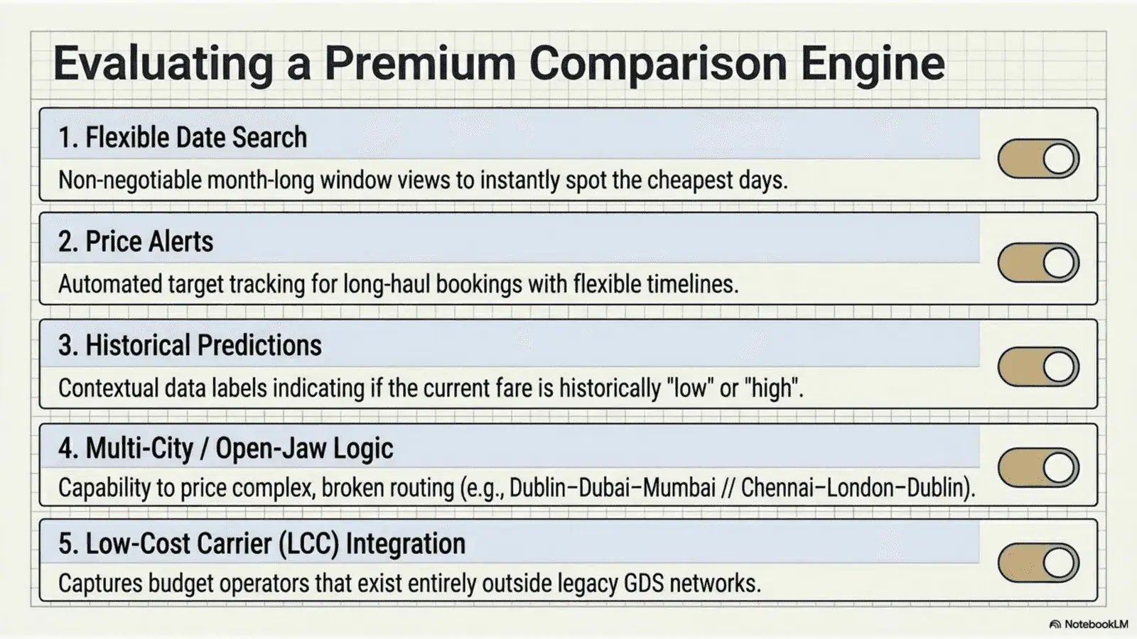 Evaluating a premium flight comparison engine based on key features: flexible date search, price alerts, historical data, multi-city search, filters, and LCC coverage