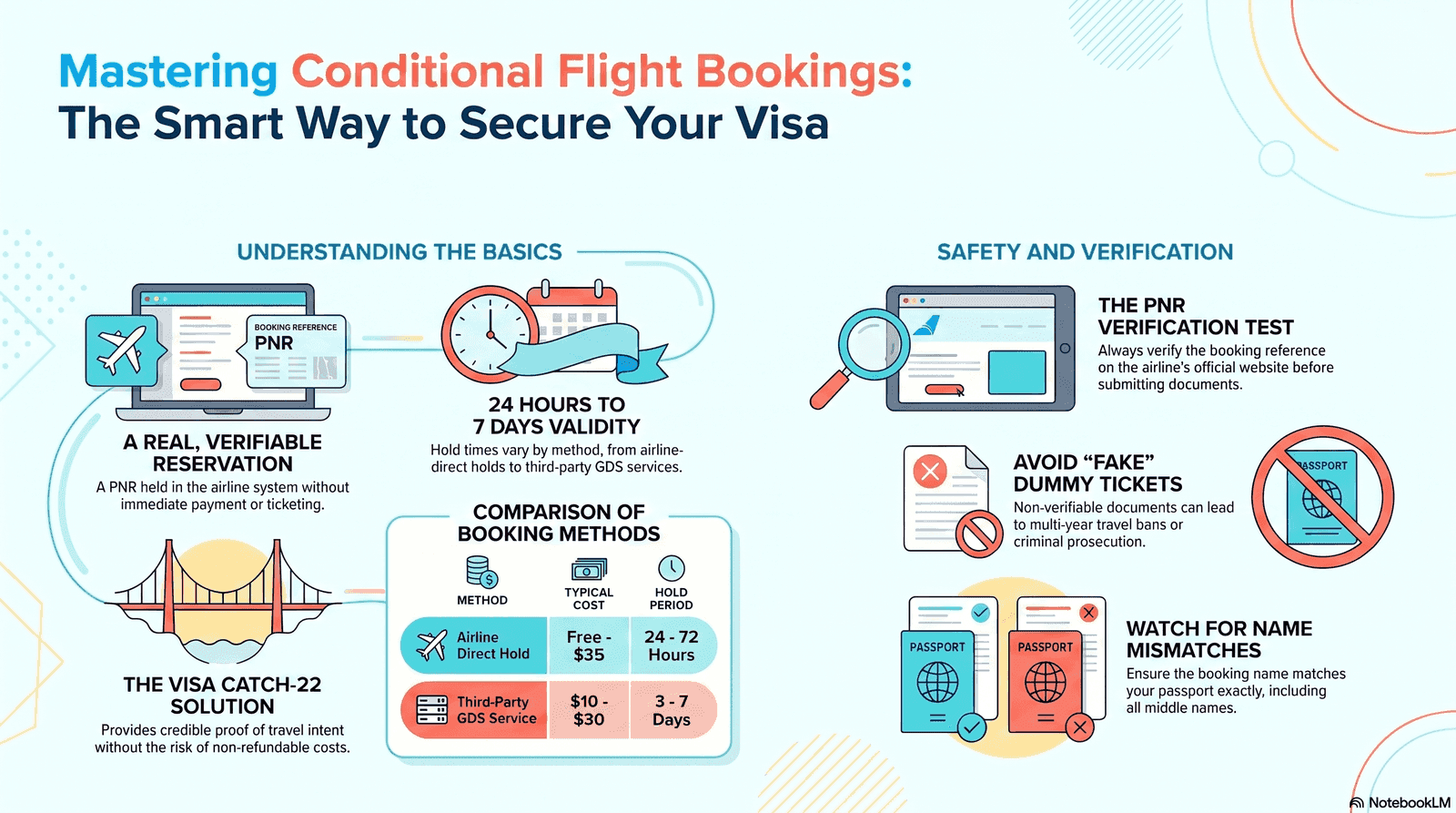 Conditional flight booking guide covering visa reservations, PNR holds, and dummy ticket checks