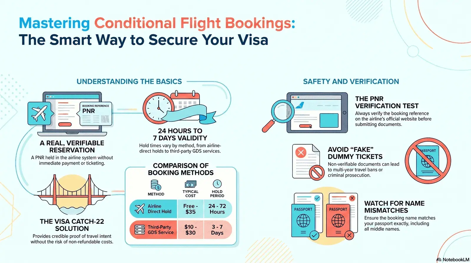 Conditional flight booking guide covering visa reservations, PNR holds, and dummy ticket checks
