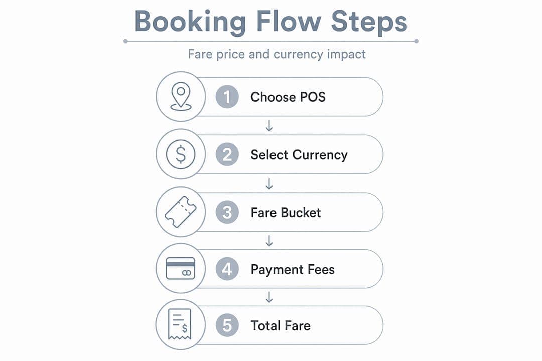 Infographic showing how airline fare buckets and currency interact in the booking process